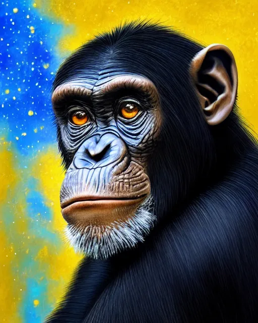 Prompt: blue, gold, very detailed high resolution illustration portrait of a chimpanzee, backlit, night covered in stars, 3 d, 8 k, extremely detailed, artstation, award winning, sharp focus, illustration