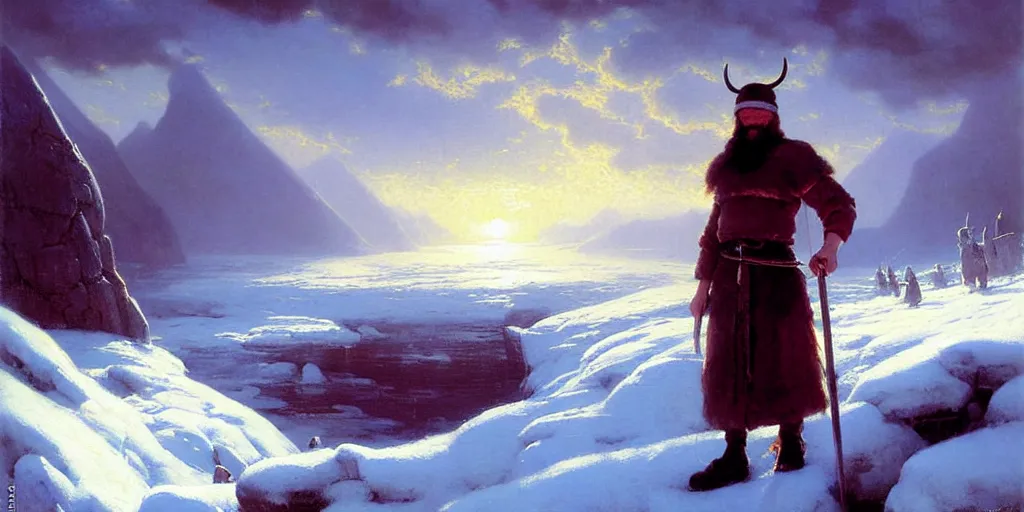 Prompt: a viking in a ice mountain, highly detailed oil painting, rhads, bruce pennington, studio ghibli, by hildebrandt, by george inness digital