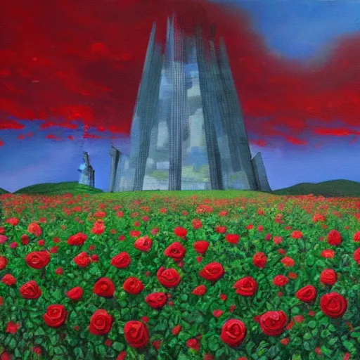 Prompt: oil painting of the dark tower surrounded by a field of roses