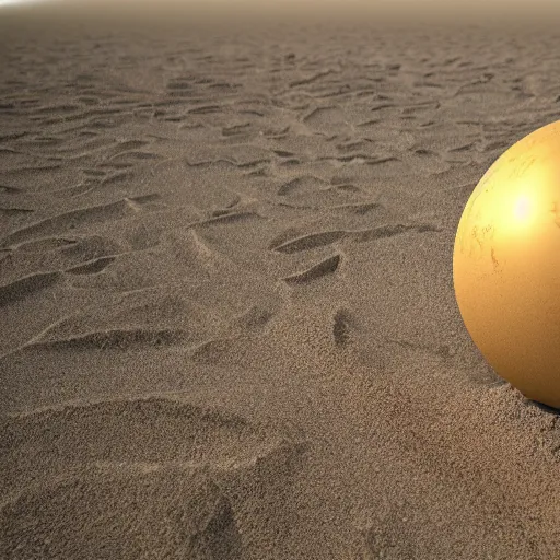 Prompt: in the center of a large sandy quarry in the sand lies a large golden ball, a broken excavator is standing nearby, an anomalous air funnel is nearby, 3 d render, high quality, depth of sharpness, focus on the object