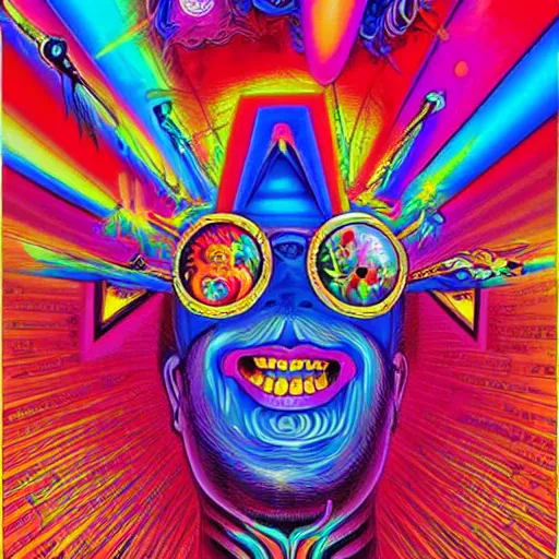 Image similar to a third eye is exploding open:: beautiful plumes of technicolor noise erupt from his head:: hypermaximalism, trippy visuals, lsd, dmt, psychedelic pop art poster:: peter max, james jean