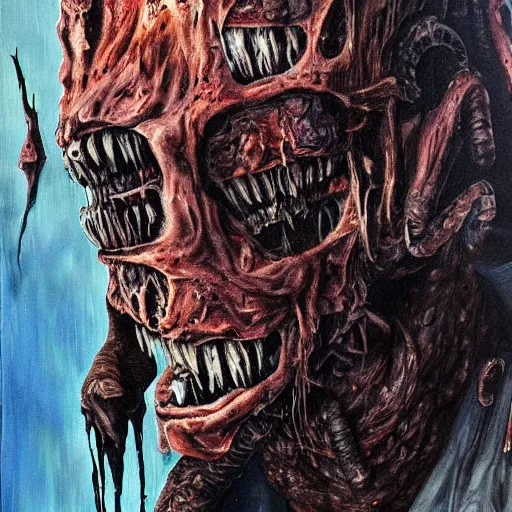 Prompt: a decaying monster in a horror movie poster by guillermo del torro oil on canvas