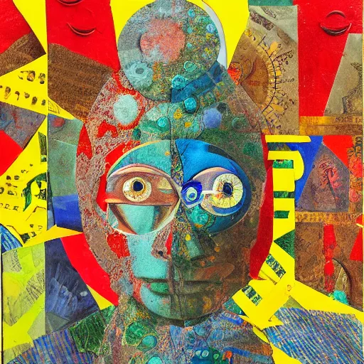 Prompt: a portrait made from a collage about ocularcentrism in visual culture by max ernst. bright vivid colors, collage art, papier colle, highly detailed, 4 k