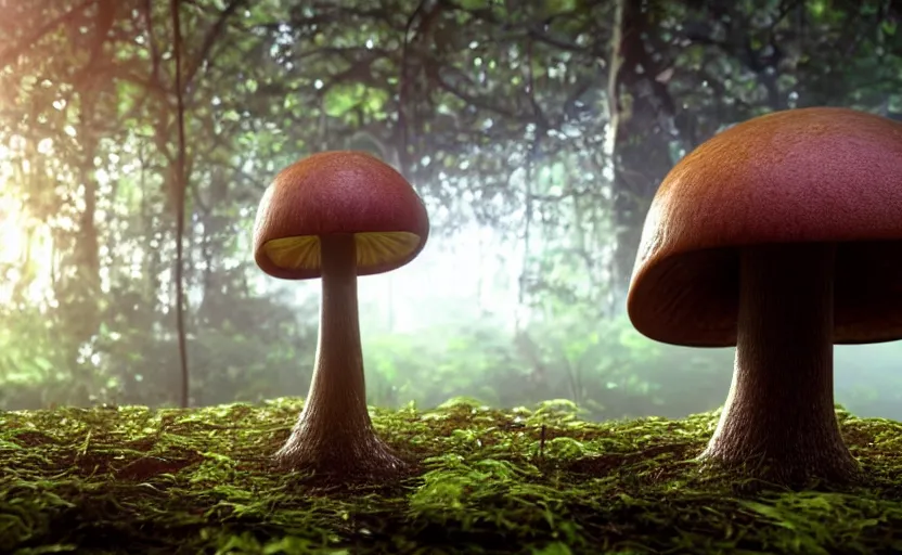 Image similar to a beautiful render of a mushroom growing out of a metal sphere in a rainforest, sunset lighting, intricate detail, hazy, humid, volumetric lighting, god rays, 8 k, photorealistic, raytracing effects, unreal engine 5