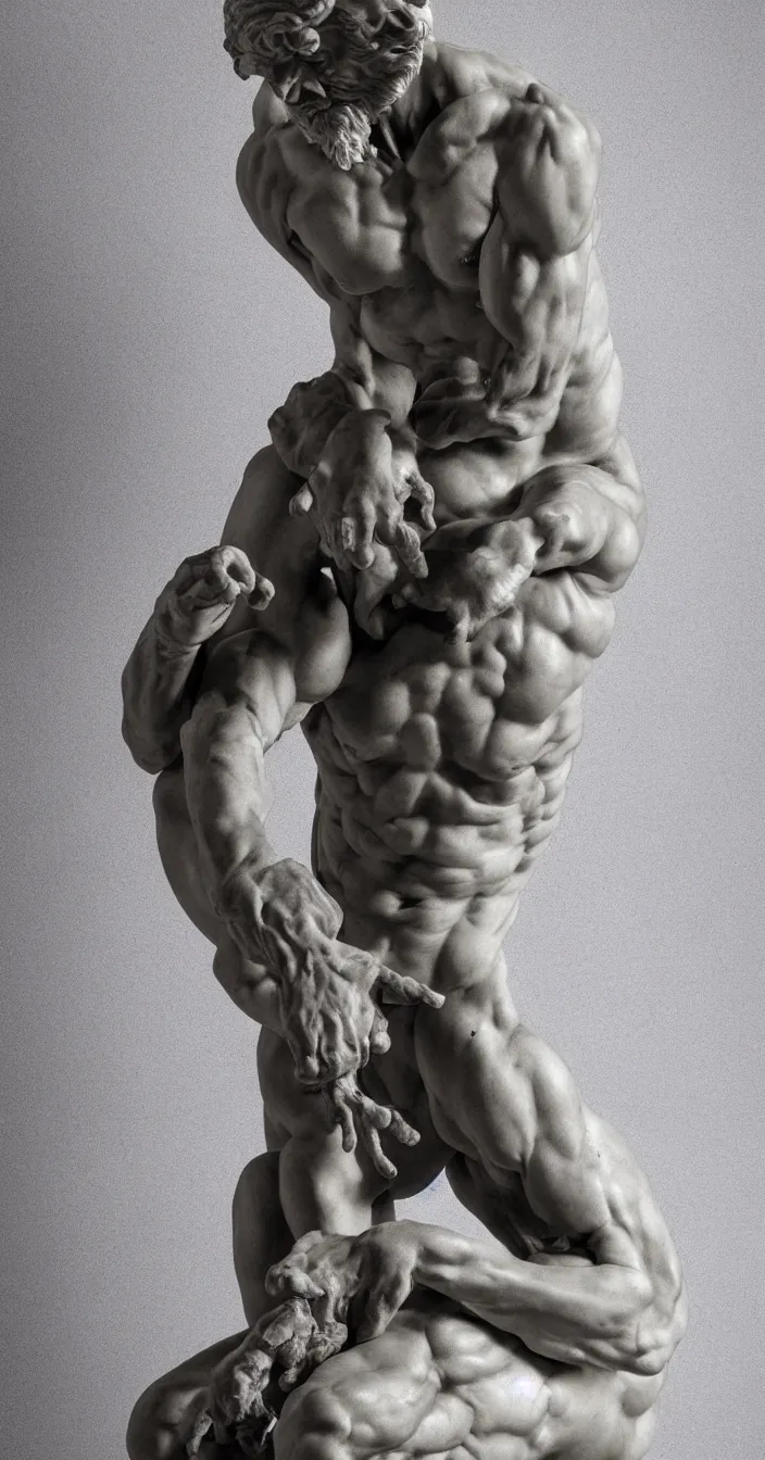 Prompt: michelangelo sculpture, old man contra pose, vivid marble dark veins, studio light, high quality, black sokkel