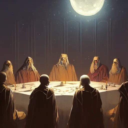 Image similar to A meeting of the council of elders, robed figures sat around a table, beautiful architecture, night time, stars visible, beautiful moon light, concept art, fantasy art, painted by Greg Rutkowski, trending on artstation