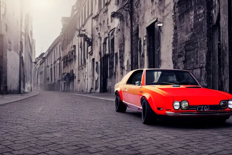 Image similar to audi camaro b 1 ( 1 9 6 9 ) drifting, need for speed : carbon, at night, neon lines, lviv historic centre, ultra phonk, phonk music background, smoke behind wheels, noise, dark, establishing shot