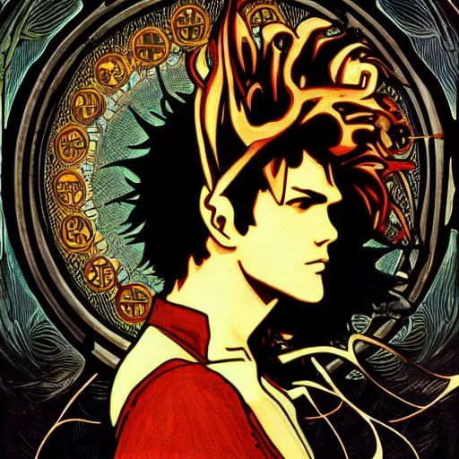 Prompt: concept art, silhouette of Spike Spiegel in front of Ganymede in the style of Alphonse Mucha and Hiroya Oku, very detailed, trending on artstation,