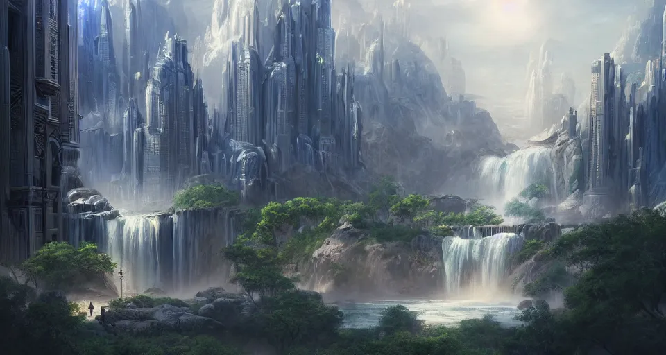 Image similar to a matte painting of beautiful religious science fiction city, with waterfalls, 8 k, cinematic lighting, hd, atmospheric, hyperdetailed, trending on artstation, deviantart, digital painting, concept art smooth sharp focus illustration, art by artgerm and raoul marks