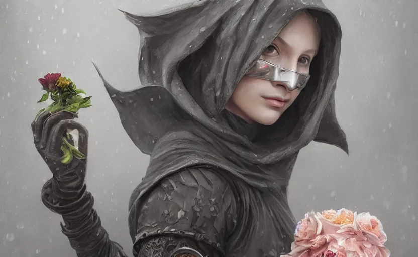 Image similar to female plague doctor holding flowers, heavy rain, wind, thunder, reflections, deep focus, d & d, fantasy, intricate, elegant, highly detailed, digital painting, artstation, concept art, matte, sharp focus, illustration, hearthstone, art by artgerm and greg rutkowski and alphonse mucha