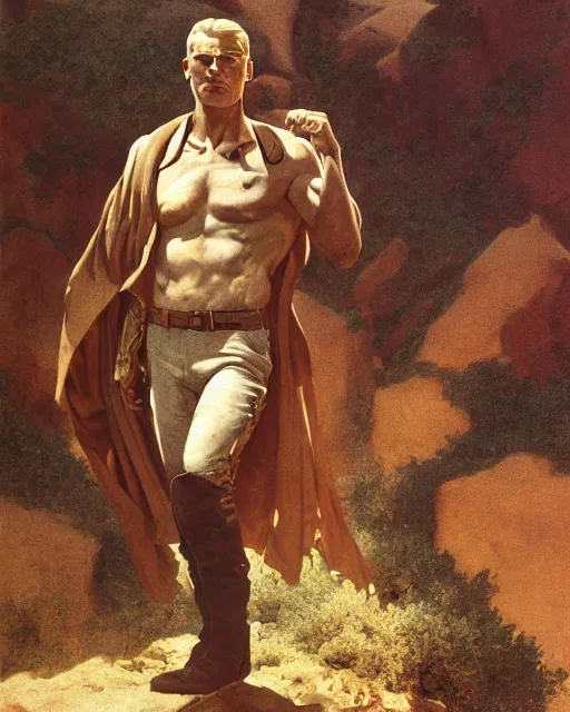 Image similar to doc savage in the desert wearing jodhpers and knee high boots, fantasy character portrait, ultra realistic, concept art, intricate details, highly detailed by soft light, volumetric light, misty, william adolphe bouguereau, munch, maxfield parrish, james bama, and frank frazetta