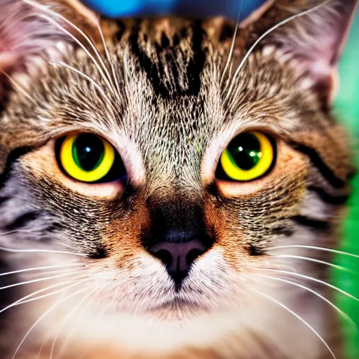 Prompt: photograph of a rainbow cat staring at the camera, shallow focus, wide angle lens, hyper realistic, macro, 8 5 mm