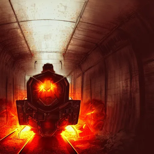 Prompt: A train in hell, digital art, dark, scary, detailed, trending on Artstation, hdr, 4k, hellish, satanic, cyberpunk, sci fi