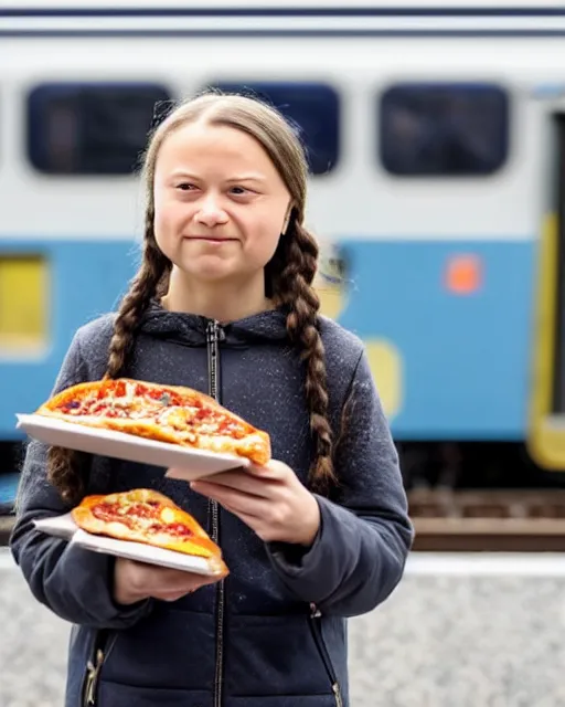 Image similar to film still close - up shot of greta thunberg giving a speech in a crowded train station eating pizza, smiling, the sun is shining. photographic, photography