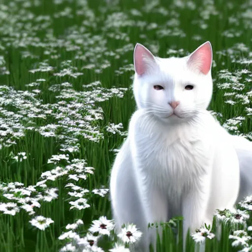 Image similar to an excited white cat sitting in a field, unreal engine, detailed