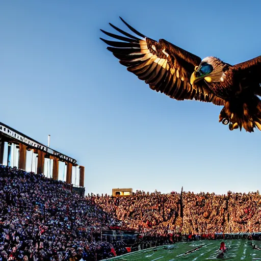 Image similar to cinematic photo of a giant eagle snatching away the oregon duck mascot with its talons. the eagle is lifting the duck into the sky. camera is looking up at the subject in the sky with fancy clouds behind