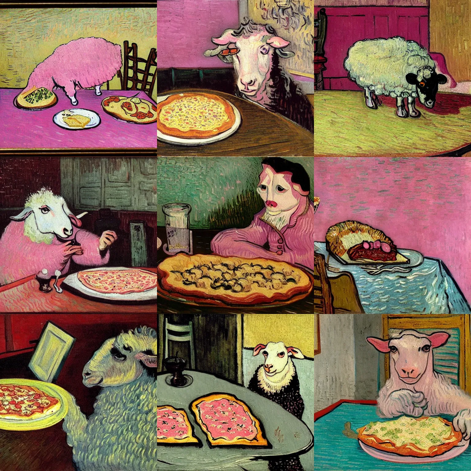 Prompt: A painting of a pink sheep eating pizza at a fancy restaurant by Van Gogh