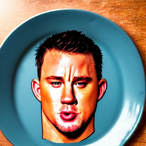 Image similar to channing tatum's face as tater tot on a plate with ketchup