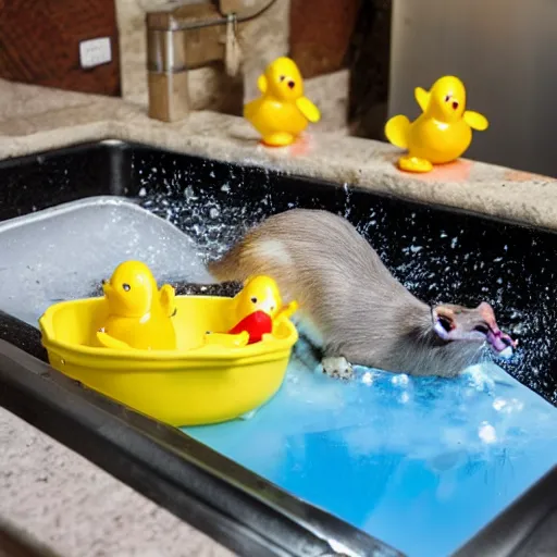 Image similar to photo of Rats bathing in a kitchen sink, with foam and rubber ducks. From 2 meters away.