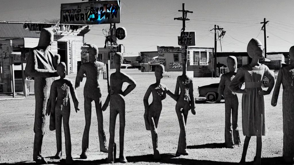 Prompt: Doomtown nuclear town, mannequin family dressed in late 50\'s clothing, eerie, dystopian, grain film