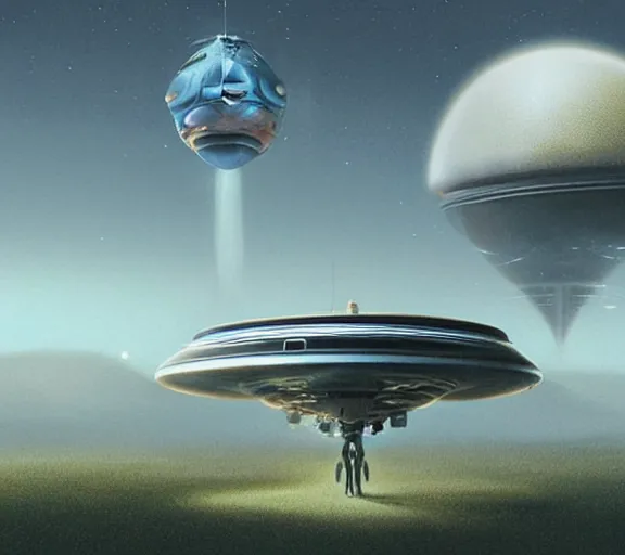 Image similar to alien spaceship landing in earth by jim burns and beeple