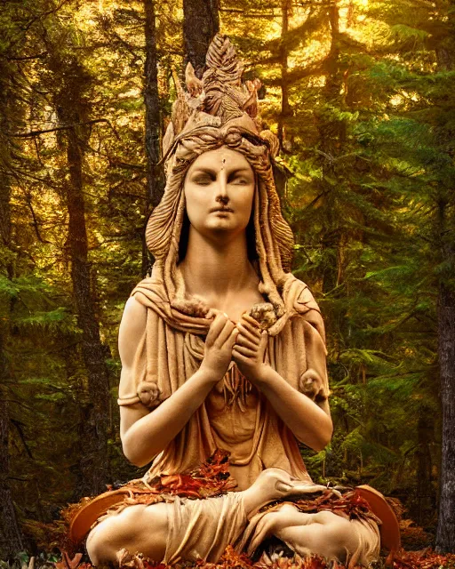 Image similar to Ancient statue of wise mushroom goddess wearing pagan clothes and leaves lost in the heart of the pristine cedar forest | dramatic light | cinematic lighting | sunshafts, volumetric lighting | golden hour | style of donato giancola