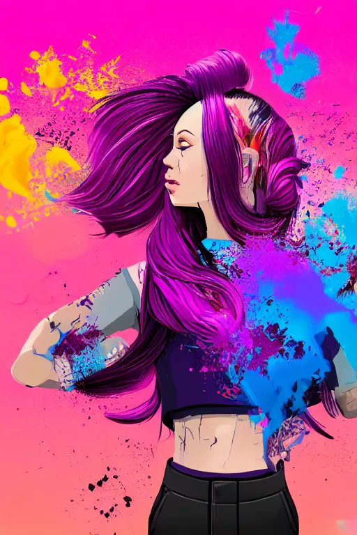 Image similar to a award winning half body porttrait of a beautiful woman in a croptop and cargo pants with ombre purple pink teal hairstyle with head in motion and hair flying, paint splashes, splatter, outrun, vaporware, shaded flat illustration, digital art, trending on artstation, highly detailed, fine detail, intricate