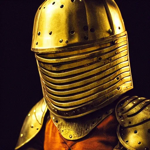 Prompt: photo of a knight wearing honey-jar-armor, dramatic lighting