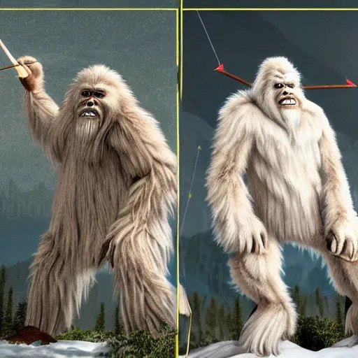 Prompt: a high detailed realistic photo of a yeti and sasquatch archers