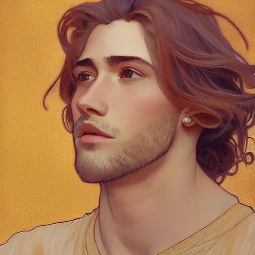 Image similar to young man with shoulder length shiny shimmering golden blond hair, path traced, highly detailed, high quality, digital painting, by studio ghibli and alphonse mucha, leesha hannigan, beautiful details, soft and warm