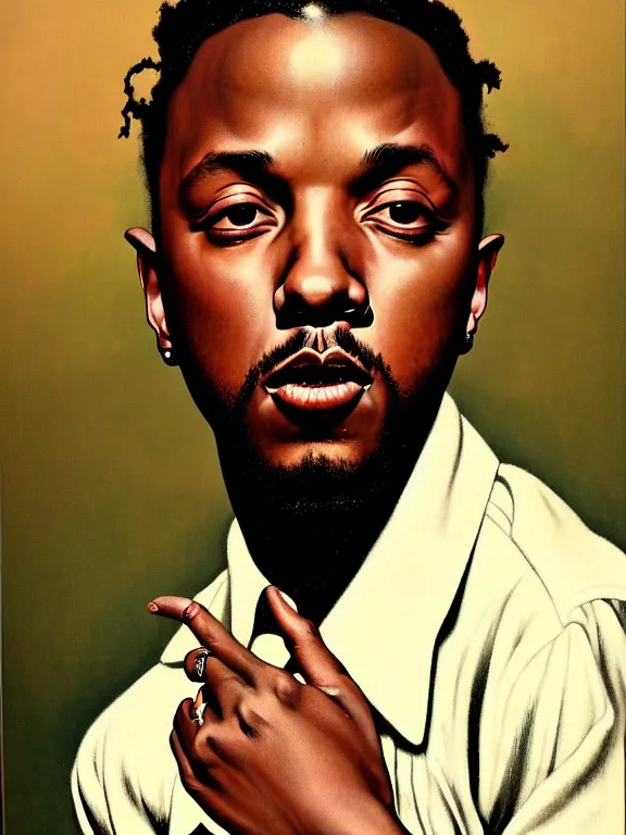 Image similar to kendrick lamar portrait by gil elvgren and norman rockwell and rob gonsalves and hajime sorayama, hyperrealistic, high detail, ultra detailed, highly detailed face, ruffled fabric