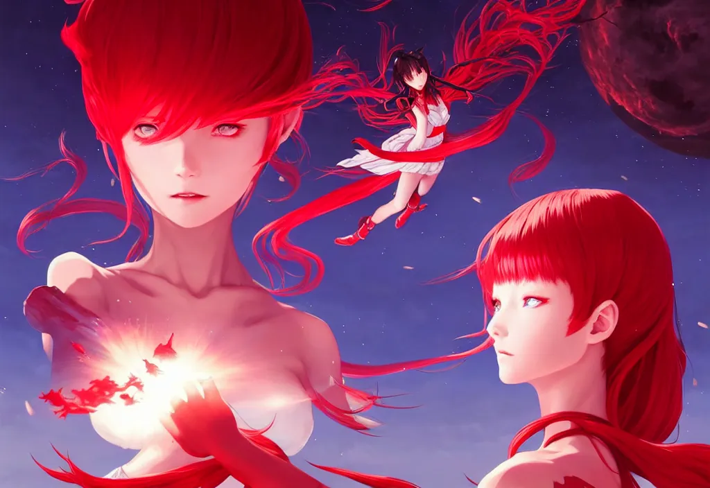 Image similar to red dressed summoner girl fighting against outer gods with their creatures. floating planets on the background, box office hit, fantasy and cosmic horror movie, unreal engine, intricate, highly detailed 8 k, ambient occlusion, extremely beautiful and aesthetic shape of face and body, art by hiroaki samura and ilya kuvshinov and rossdraws