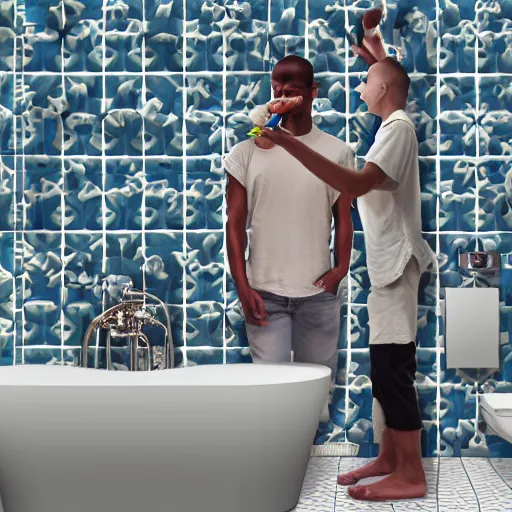 Image similar to a man standing in a bathroom, he is brushing his teeth and looks at himself in the mirror, his expression is happy, he seems to be Satisfied, the bathroom is bright, and The tiles have pastel colors, hyper detailed digital art Illustration but as photography, 8k