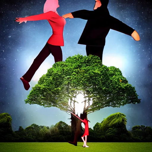 Prompt: a giantess man with a giant woman dancing together, enormous, big, photoshop, photo manipulation, trees, houses, street, hearts symbol, spot light