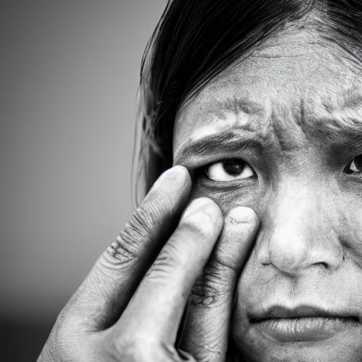 Image similar to photographic portrait of a poor techwear woman holding back tears, closeup, sigma 85mm f/1.4, 4k, depth of field, high resolution, 4k, 8k, hd, full color