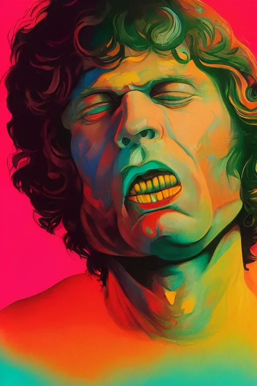 Prompt: a colorful vibrant closeup portrait of a jim morrison licking a tab of lsd acid on his tongue and dreaming psychedelic hallucinations, by moebius, edward hopper and james gilleard, zdzislaw beksinski, steven outram colorful flat surreal design, hd, 8 k, artstation