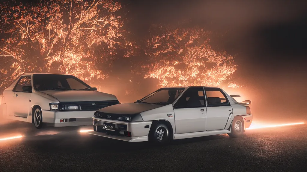 Image similar to toyota sprinter trueno 3 door gt - apex, cinematic, nikon d 7 5 0, long exposure, white balance, 8 k, led, lumen global illumination, fog, ray tracing reflections, fxaa, rtx, post - production