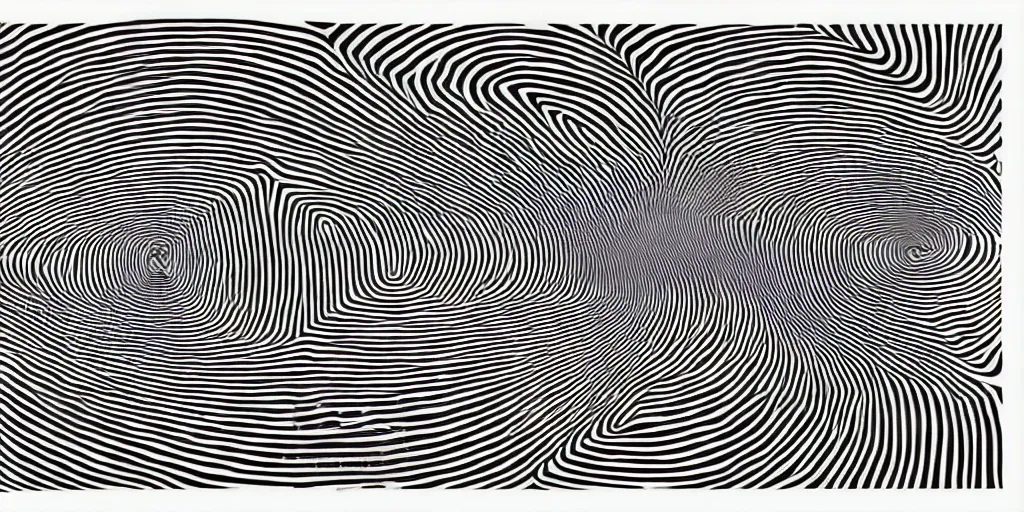 Prompt: a black and white drawing of a brain screaming at a loaded pistol, an album cover by Victor Vasarely, behance contest winner, op art, datamosh, psychedelic, parallax