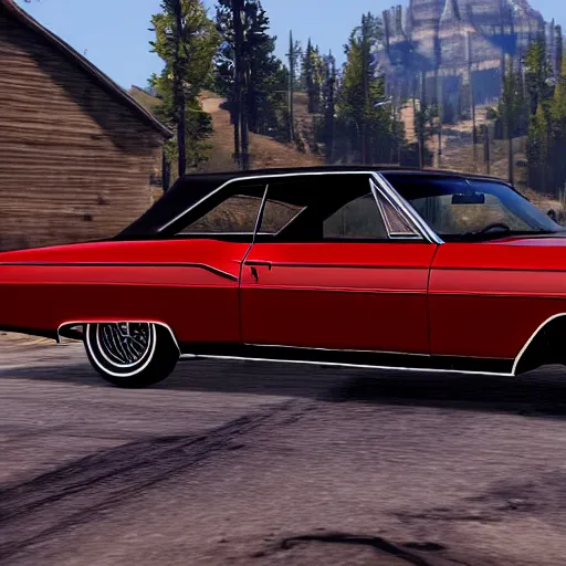 Prompt: 4 door 1 9 6 7 chevrolet impala, painted black, in red dead redemption 2