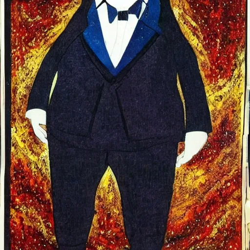 Prompt: in the style of starry night, a tuxedo for a big man with small legs, heart shaped goden mask with white lights for eyes.