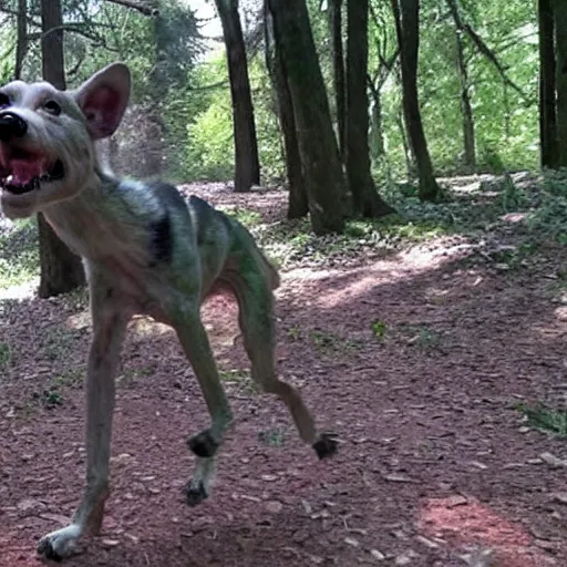 Prompt: trailcam footage of a deformed quadruped dog creature with scary pointy skinny limbs, uncanny valley, liminal, creepypasta, nightmare