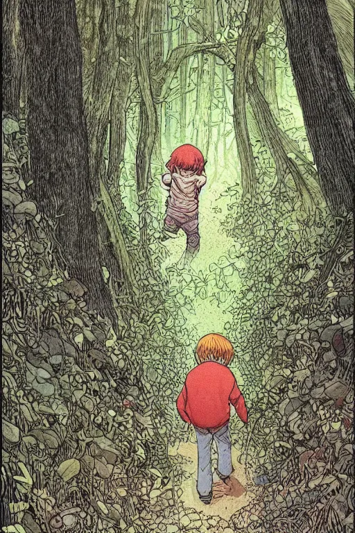 Prompt: young boy entering a huge mysterious and ominious forest, path, mushrooms, very graphic illustration by katsuhiro otomo and jean giraud, drawing, yoshitaka amano vibe, clean line, colorful comics style