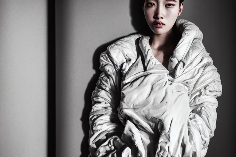 Image similar to well lit fashion shoot portrait of extremely beautiful female marble statue wearing huge over size puffer jacket by dingyun zhang, yeezy, balenciaga, vetements, a cold wall, sharp focus, clear, detailed,, cinematic, detailed, off white, glamourous, symmetrical, vogue, editorial, fashion, magazine shoot, glossy