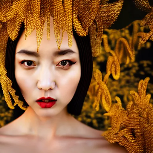 Image similar to innovative avant - garde art, deco fashion, asian women, highly detailed, photorealistic portrait, serene forest setting, golden hour, crisp quality and light reflections, octane render