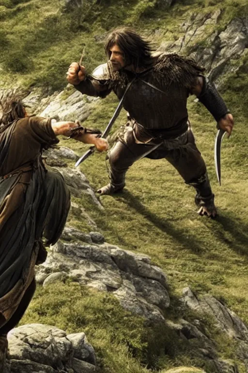 Prompt: aragorn fighting orc on a mountain, 4k,