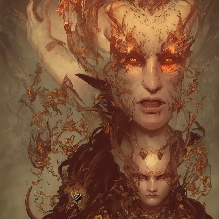 Image similar to beautiful illustrated portrait of a demon lord, symmetrical detailed face artwork, painted, 4k, trending on artstation, octane render, art by artgerm and greg rutkowski and alphonse mucha and craig mullins and James Jean and Andrei Riabovitchev and Marc Simonetti and peter mohrbacher