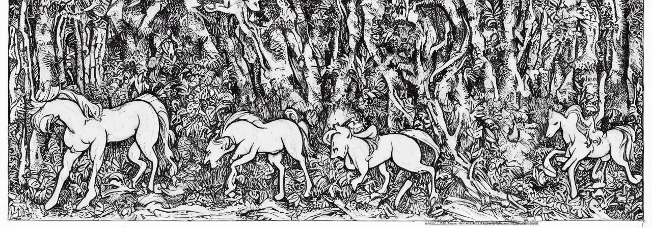 Prompt: Elaborate wallpaper print of My Little Pony in the clearing of a sacred grove in the style of Albrecht Durer and Martin Schongauer, high contrast finely carved woodcut black and white crisp edges