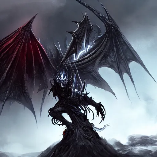 Image similar to dark fantasy concept of a vampire dragon god, with dark matter and molten armor on a mountain, cinematic, dynamic lighting, photorealistic, ultra detailed, trending on art station, stunning visuals, creative, hyper detailed