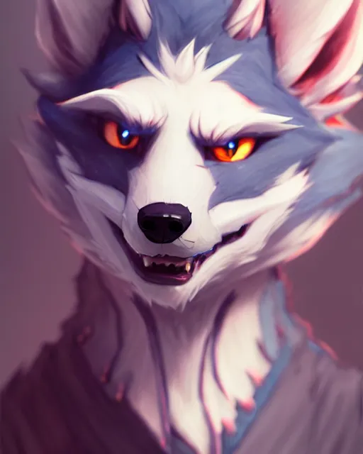 Prompt: character concept art of a dark gray anthropomorphic furry wolf red hair blue eyes | | cute - fine - face, pretty face, key visual, realistic shaded perfect face, fine details by stanley artgerm lau, wlop, rossdraws, james jean, andrei riabovitchev, marc simonetti, and sakimichan, artstation