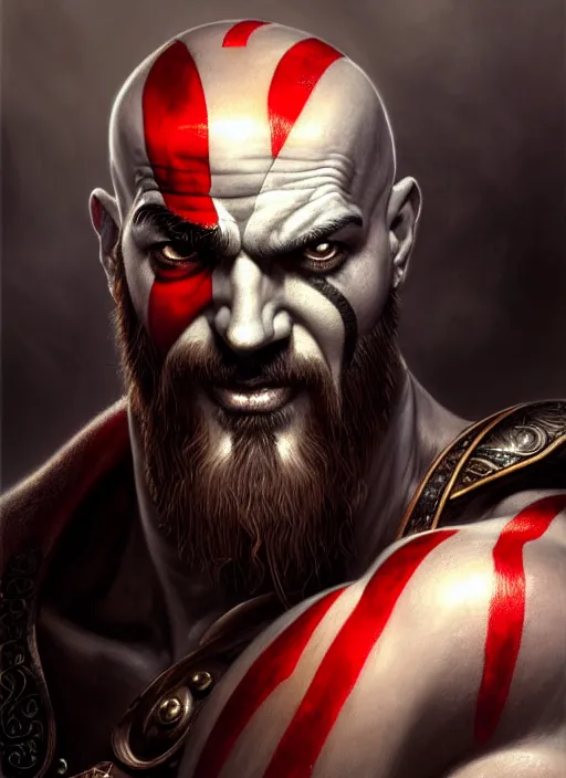 Prompt: closeup portrait shot of kratos with an axe, intricate, elegant, highly detailed, centered, digital painting, artstation, concept art, smooth, sharp focus, illustration, artgerm, tomasz alen kopera, peter mohrbacher, donato giancola, joseph christian leyendecker, wlop, boris vallejo